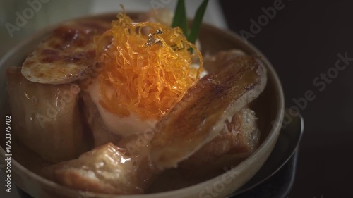 Fusion dessert of Dim Sum is traditional chinese food, people traditionally enjoy in restaurants for breakfast and lunch. Close up of Steamed Dim Sum in bamboo dish at chinese restaurants.
