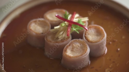Fusion food of Dim Sum is traditional chinese food, people traditionally enjoy in restaurants for breakfast and lunch. Close up of Steamed Dim Sum in bamboo dish at chinese restaurants.