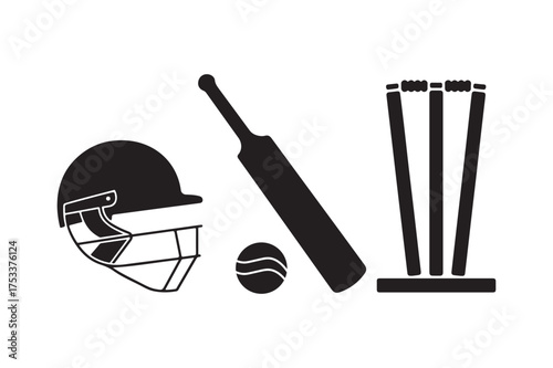 Cricket equipment silhouette icon set