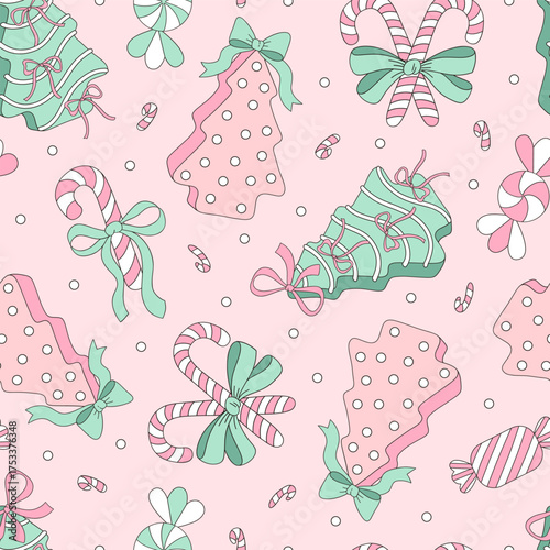 Preppy Retro Coquette Merry Christmas Debbie Cake and Peppermint Candy Seamless Pattern. Pastel Christmas Background for Print and Fabric