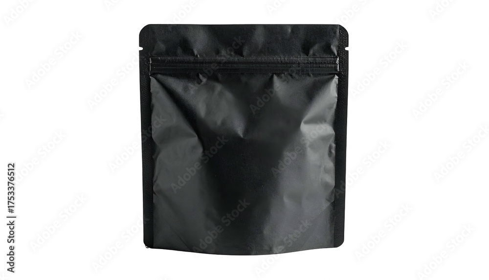 Fototapeta premium A sleek, matte black sealed pouch with a visible zipper, set against a solid black background