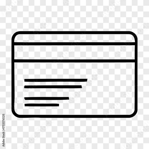 A black outline illustration of a credit card or debit card with horizontal lines representing text or symbols on a transparent background payment card