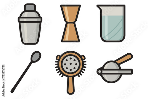 Essential bar tools icons for professional cocktail making and mixology