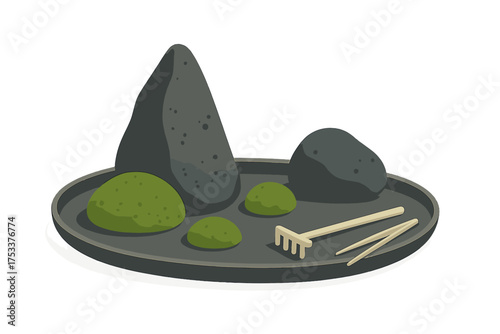 Miniature zen garden arrangement with rocks and moss balls