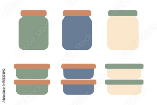Modern food storage containers and jars with lids for kitchen organization