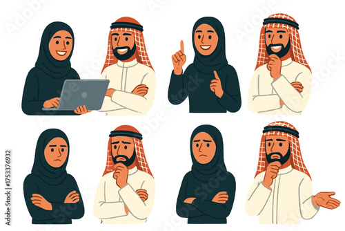 Diverse Arab business professionals displaying various emotions and actions