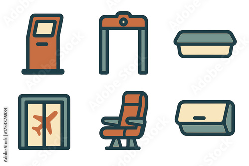 Collection of airport and airplane travel security and cabin icons