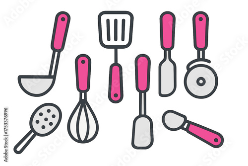 Colorful kitchen utensil icons featuring modern design and pink handles