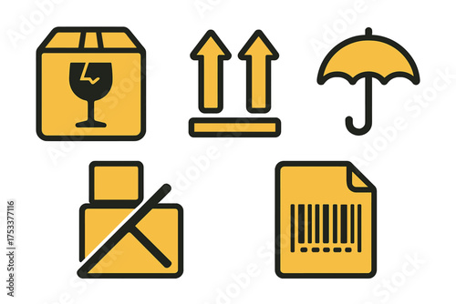 Yellow and black icons for shipping and cargo handling instructions