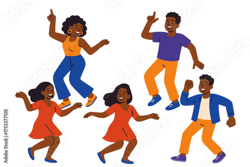 Happy young adults dancing together with energetic poses and joyful expressions