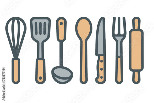Essential kitchen utensils including whisk spatula ladle spoon knife and fork