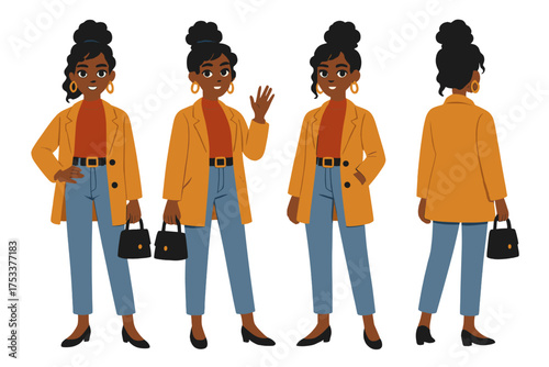 Set of fashionable young woman character poses in multiple views