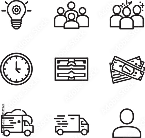 Business and Finance Icon Set with Lightbulb People Money and Delivery Trucks on White Background Keywords: business icon, finance icon, lightbulb icon, idea icon, innovation icon, people icon