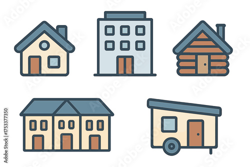 Various residential and commercial building outline icons for design projects