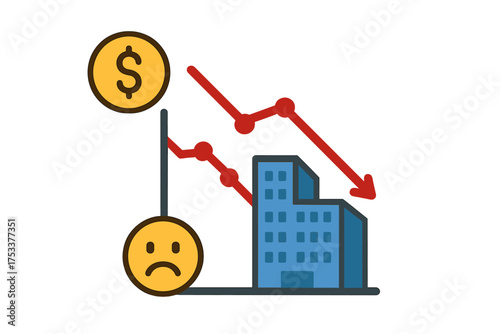 Business finance chart showing negative trend with sad face and money symbol