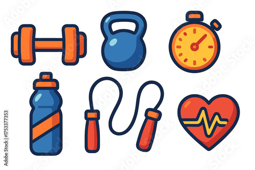 Colorful fitness and workout equipment icons for health tracking and sports