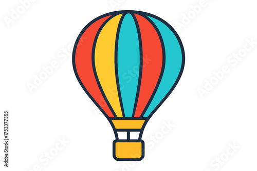 Vibrant striped hot air balloon icon with wicker basket