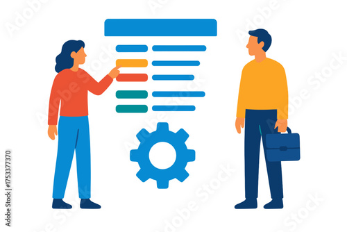 Business professionals reviewing project checklist and configuration options