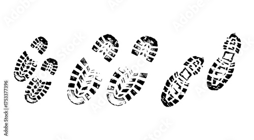 Black shoe print silhouettes scattered across a white background form a repeating pattern, showcasing textured footwear impressions for backgrounds, patterns, or design elements