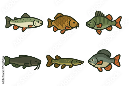 Six stylized icons representing various freshwater fish species