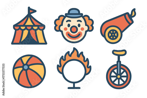 Colorful icons collection for circus and carnival entertainment themes