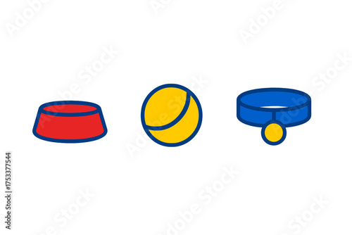 Set of essential pet supplies icons including food bowl ball and collar
