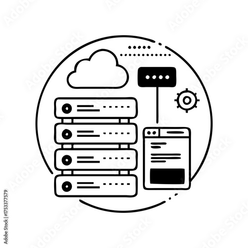 Vector art of cloud server data center, vector illustration in black and white style