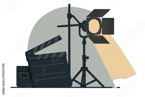 Film production equipment with spotlight and clapperboard