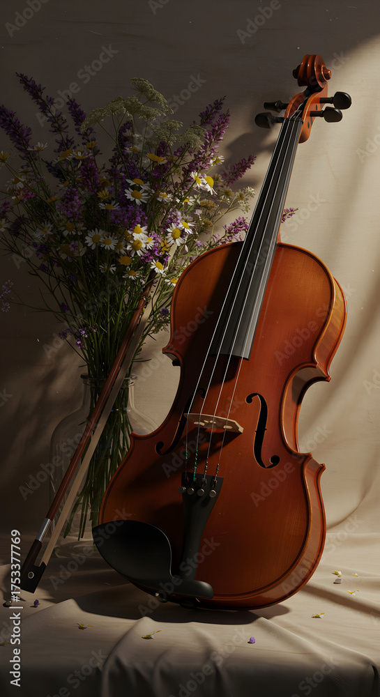 Fototapeta premium Violin and floral arrangement still life