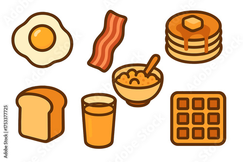Classic American breakfast food icons featuring thick outlines and simple shapes