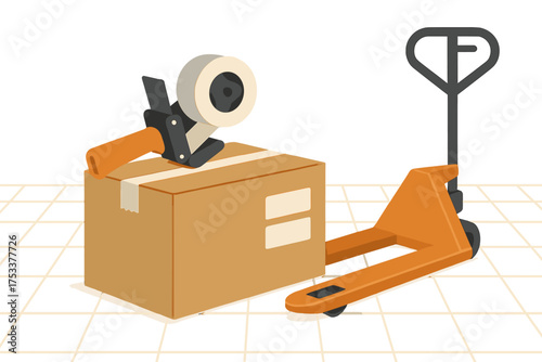 Cardboard box sealed with clear packing tape near industrial pallet jack
