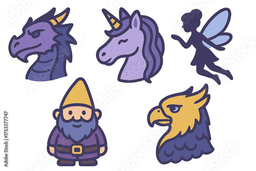 Cute fantasy creature icons featuring dragon, unicorn, fairy, gnome, and griffin