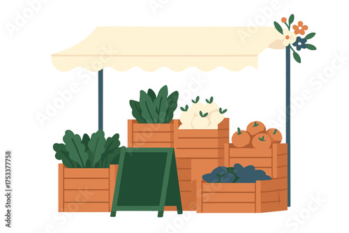 Fresh produce display at outdoor farmers market stall with wooden crates