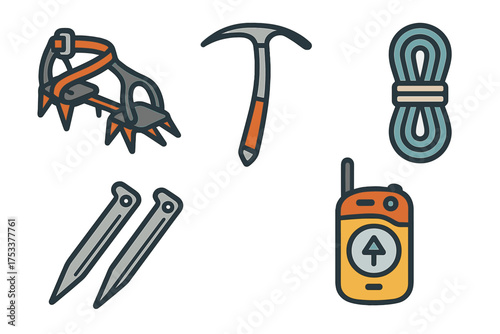 Collection of essential mountaineering and ice climbing equipment symbols