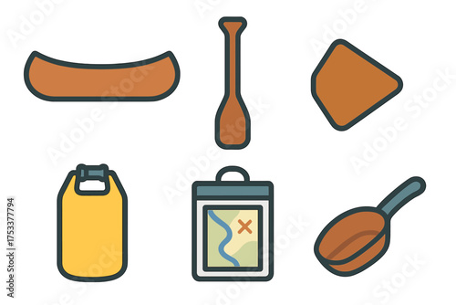 Canoeing and camping equipment icons for water adventure and outdoor recreation
