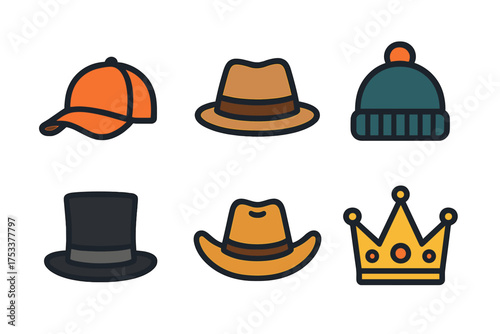 Six colorful headwear icons: baseball cap, fedora, beanie, and royal crown