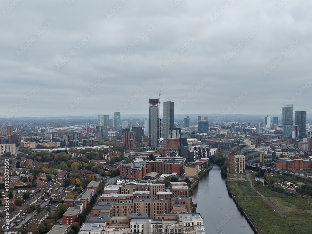 Fototapeta premium Aerial view of Manchester skyline with views of the rivers leading into the city. Manchester England. 