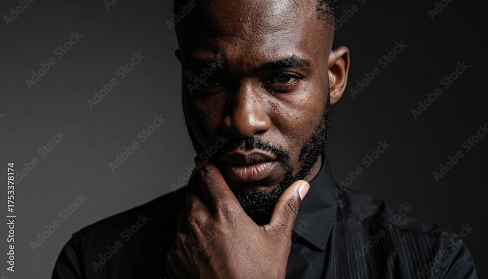 Obraz premium Close up Portrait of a Black Man With Water Droplets on His Face and Beard Touching His Chin Deep in Thought with a Serious Expression Against a Dark Gray Studio Background