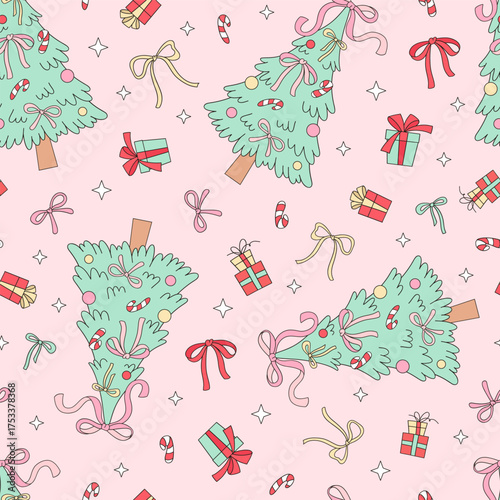 Preppy Coquette Pink Merry Christmas Tree and Gifts Seamless Pattern. Cute Girly Pastel Holiday Surface Design for Fabric, Wallpaper, and Wrapping Paper