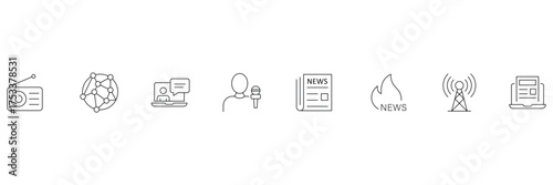 Media radio, network, interview, hot news, newspaper, broadcast tower, online article icon vector illustration