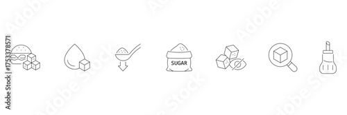 Sugar cube, sweet packet, drop, spoon, magnifier icon, no sugar concept vector illustration for healthy food design