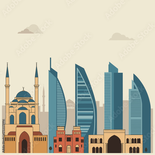 Skyline of manama with mosque and modern skyscrapers in bahrain.