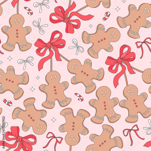 Preppy Coquette Pink Merry Christmas Gingerbread Cherry with Bow Seamless Pattern. Cute Girly Pastel Holiday Surface Design for Fabric, Wallpaper, and Wrapping Paper