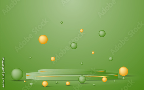 Green podium with elegant gold lines with green and gold balls around it for displaying advertisements. Exhibit cosmetic products. Stage or podium. Vector illustration	
