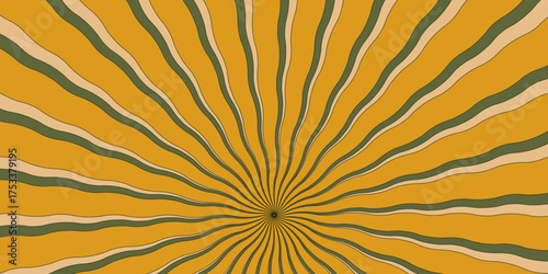 Swirl groovy starburst background. Psychedelic swirl sun ray. Wavy radial retro psychedelic background