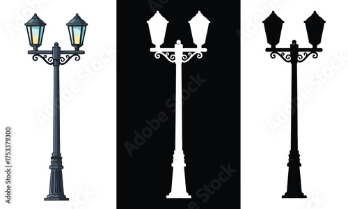 Ornate classic double street lamp post shown in full color, as a black silhouette, and as a white mask on a black background