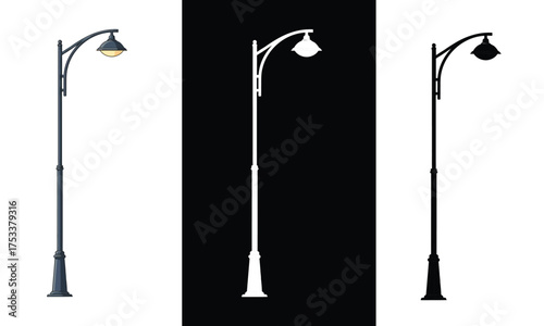 Classic street lamp post with ornate detailing and a warm yellow glow, presented in three distinct styles