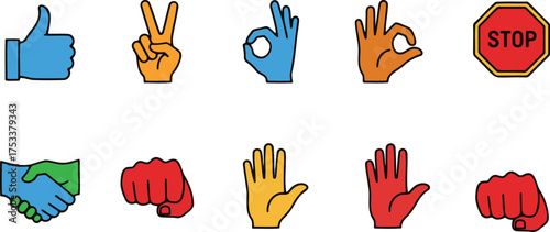 Diverse hand gestures communication set agreement success danger and peace