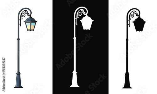 Classic ornate street lamp with a glass lantern, isolated on white, in silhouette, and a black background
