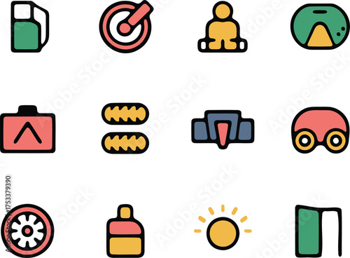 Race car icon set representing motorsport competition elements and equipment